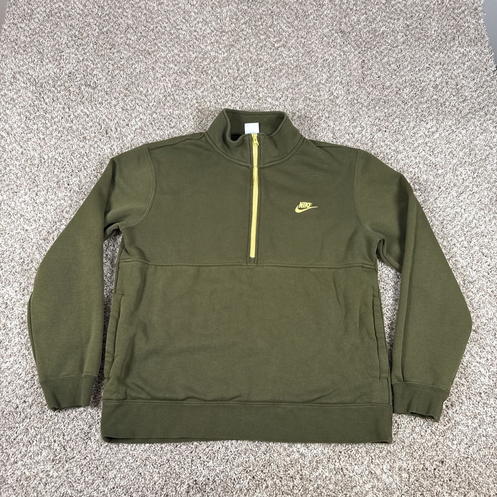 Nike Pullover Mens L Green Yellow Fleece Quarter‎ Zip Sweatshirt Logo Pocket